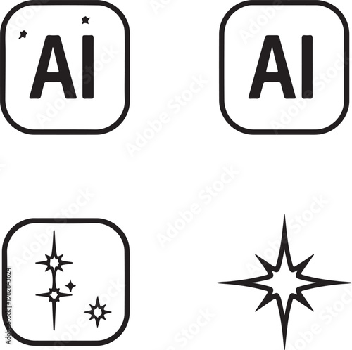 Four icons depicting ai and starburst symbols in square and circular formats