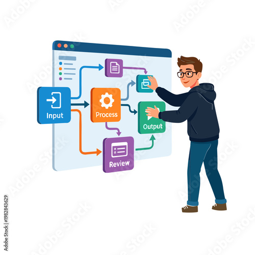 A man interacts with a flowchart diagram on a large computer screen in an office.