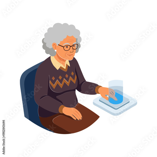 An elderly woman sits and uses a device with a glass of water on it.