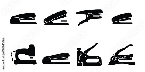 Black stapler icon set with 8 vector elements, office stationery silhouettes, industrial staple gun and electric stapler tools for business paperwork