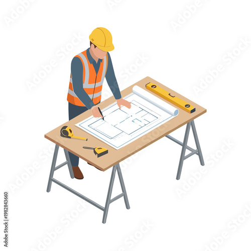 A construction worker in a hard hat and vest examines blueprints on a wooden table with tools.