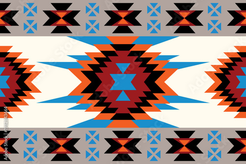 Seamless geometric tribal pattern with sunburst diamond shapes. Native American style vector design in orange, blue, and black. Ideal for southwestern textile, rug, and cultural backgrounds.