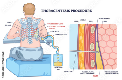 Thoracentesis procedure outline shows fluid removal from pleural space, patient seated, needle catheter enters between ribs to drain effusion into collection bag. Outline diagram