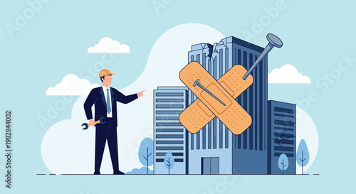 Construction professional in a suit and hard hat points toward a cracked building being repaired with a bandage.