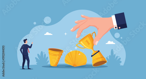 Giant corporate hand selects a golden trophy from a collection while a professional businessman observes from below.