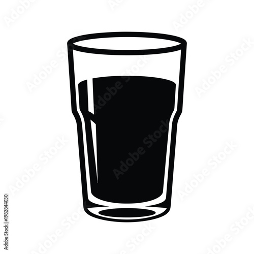 Black silhouette of a tall glass filled with dark liquid, like a drink or soda, on a white background.
