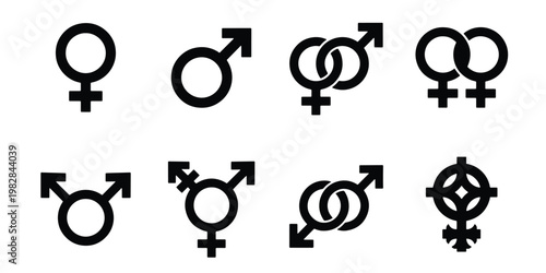 Gender identity symbols set, black male and female icons, transgender and non-binary sign collection, 8 vector elements for social diversity
