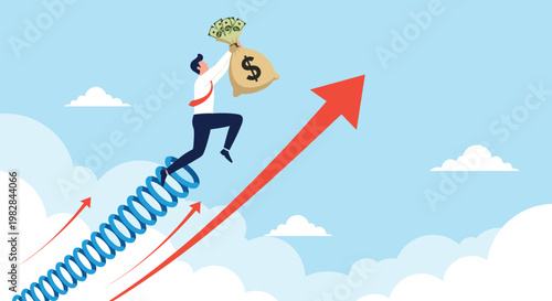 Ambitious professional using blue spring to leap toward rising red arrow while holding money bag represents rapid financial success.
