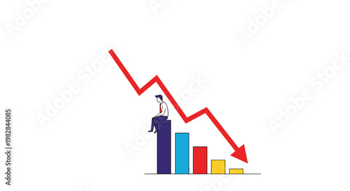 Sad businessman sitting on a falling bar chart represents financial loss, economic crisis, and business failure in the modern market.