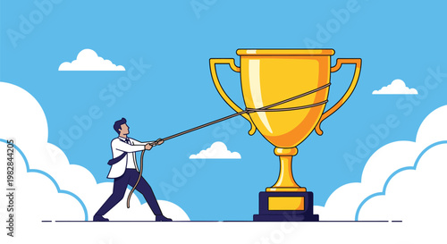 Hardworking professional pulling giant gold trophy with heavy rope represents the struggle and effort required to achieve success.