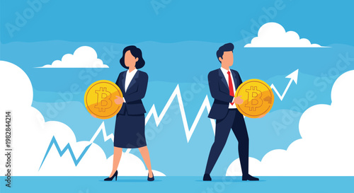 Professional man and woman holding large bitcoins in front of blue financial growth charts symbolizes digital currency investment.