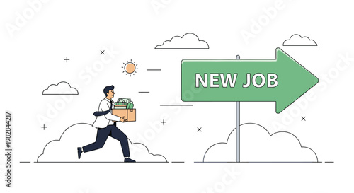 Enthusiastic professional running with box of office supplies toward large green sign for new job represents career change and start.