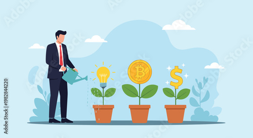 Corporate professional watering potted plants that grow into lightbulb bitcoin and dollar sign represents nurturing diverse assets.