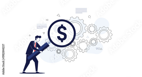 Diligent man using magnifying glass to inspect mechanical gears with dollar sign represents detailed financial auditing and analysis.