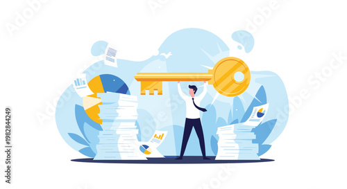 Business professional holding giant gold key over stacks of documents and charts symbolizes finding the solution to complex data.