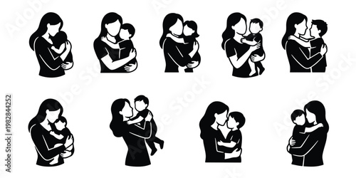 Mother and baby silhouette icons, set of 9 black and white maternal figures, woman holding infant and toddler vector illustrations for parenting and family design