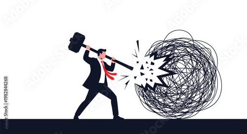 Determined businessman using heavy sledgehammer to break through tangled mess of black lines represents problem solving and clarity.