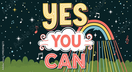 Vibrant rainbow with inspirational quote appears under starry night sky