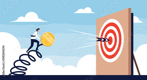 Energetic businessman using spring to launch himself toward target while holding gold coin represents fast financial goal reaching.