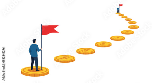 Determined man walking on path of gold coins toward goal flag represents the journey to financial independence and success.