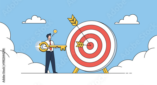 Confident professional holding giant gold key while standing next to large target with arrows represents unlocking business success.