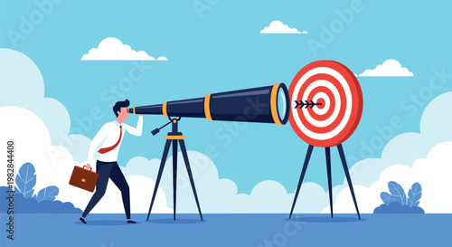 Determined professional man uses a large telescope to focus on hitting his target goal precisely in a clean blue environment.