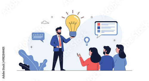 Creative speaker presents a bright light bulb idea to an interested audience during a business seminar or strategy meeting.