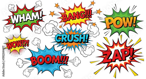 Colorful comic book explosion words and effects in a digital illustration