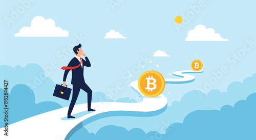 Successful investor walks along a winding path in the clouds towards giant golden bitcoin coins representing future wealth.