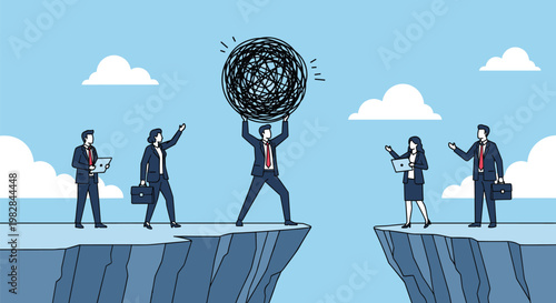 Brave business leader carries a heavy ball of complex problems across a cliff gap while his team watches from the other side.