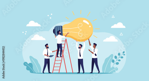 Diverse team of business professionals works together to lift a giant light bulb symbolizing collaborative innovation and ideas.