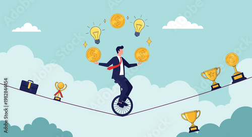 Multitasking businessman juggles coins and light bulbs while riding a unicycle on a tightrope in a challenging work environment.