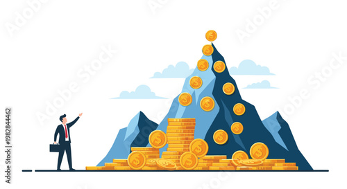 Ambitious businessman reaches for a mountain peak made of golden coins representing high financial goals and massive wealth.