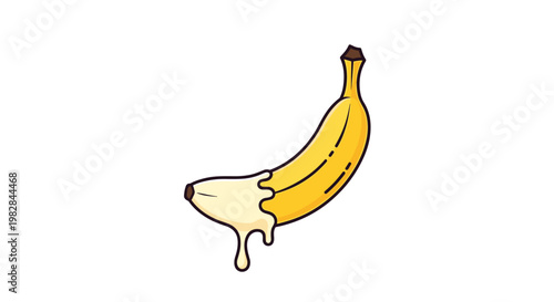 Ripe yellow banana is partially covered in a thick white liquid like cream or yogurt dripping down against a white background.