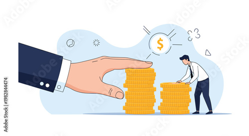 Huge corporate hand presses down on a stack of coins while a businessman tries to build another stack representing pressure.