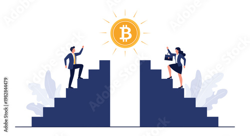 Male and female professionals climb separate stairs towards a glowing bitcoin sun representing equal crypto opportunities.