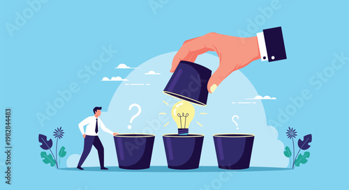 Giant hand lifts a dark cup to reveal a glowing light bulb among question mark cups symbolizing finding a creative solution.