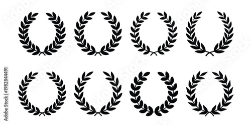Laurel wreath vector icons set, black circular foliage frames for awards and heraldry, 8 classic victory wreaths for logo design and certificate borders