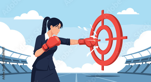 Powerful businesswoman punches a red target symbol in a sports stadium representing strength and achieving professional goals.