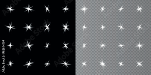 A collection of bright white starbursts and sparkles displayed on both black and gray backgrounds high-quality professional