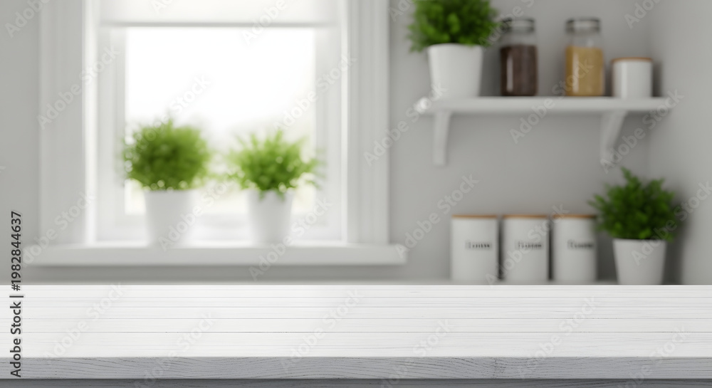 Fototapeta premium A bright and clean kitchen counter with potted plants and jars on shelves near a window.