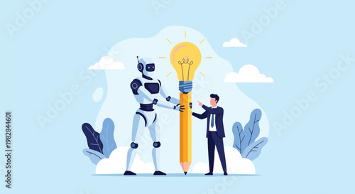 Advanced robot and a businessman together support a huge yellow pencil with a glowing lightbulb on top representing shared innovation.
