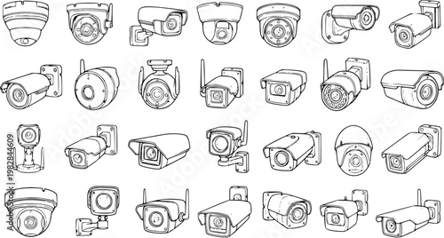 Collection of various security cameras in line art style. A detailed set of doodle icons showing different types of CCTV surveillance systems: dome, bullet, box, and PTZ cameras.