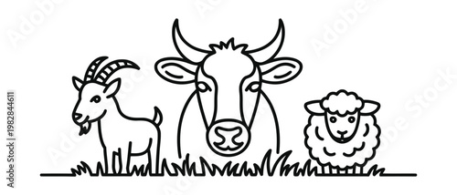 Three farm animals standing on grass, line art