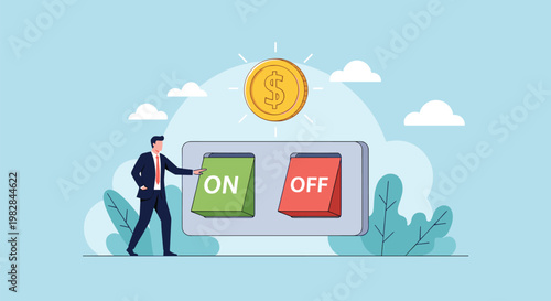 Businessman in a formal suit flips a large green on switch located beneath a shining golden dollar coin for a successful financial start.