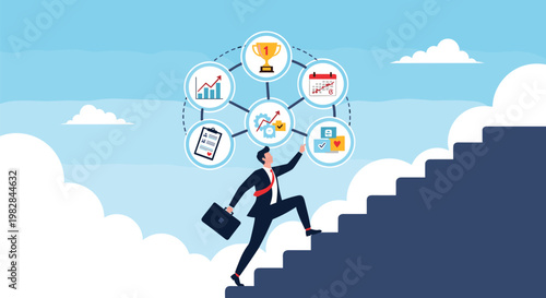 Ambitious businessman walks up dark blue stairs toward a circle of business success icons including a trophy and a positive growth graph.