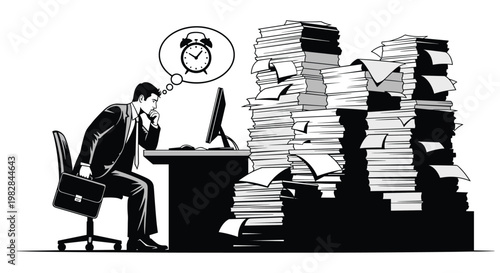 Overwhelmed businessman sits at his desk staring at a computer screen surrounded by massive towers of paperwork files and a clock icon.