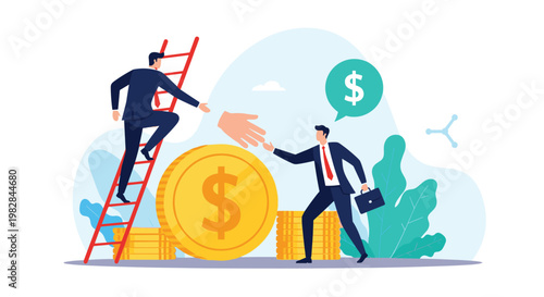 Businessman climbs a ladder over a giant gold coin to reach out and shake hands with another professional colleague for a partnership.