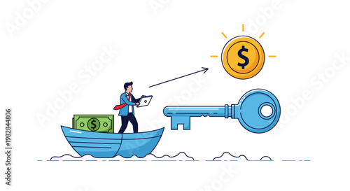 Businessman sailing in a boat filled with money toward a giant key and a gold dollar coin representing financial success and wealth.