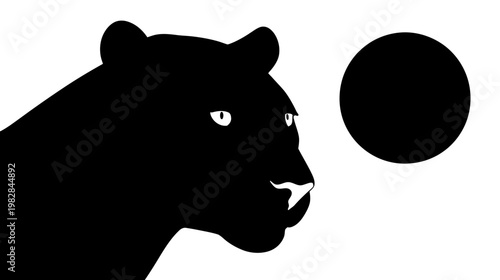 Silhouetted big cat's profile with dark fur against a white background; a black circle floats nearby
